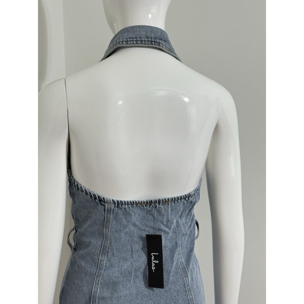 NWT Lulus Denim Buttons Mini Dress Halter Open Back Y2K Women’s XS - Picture 7 of 13
